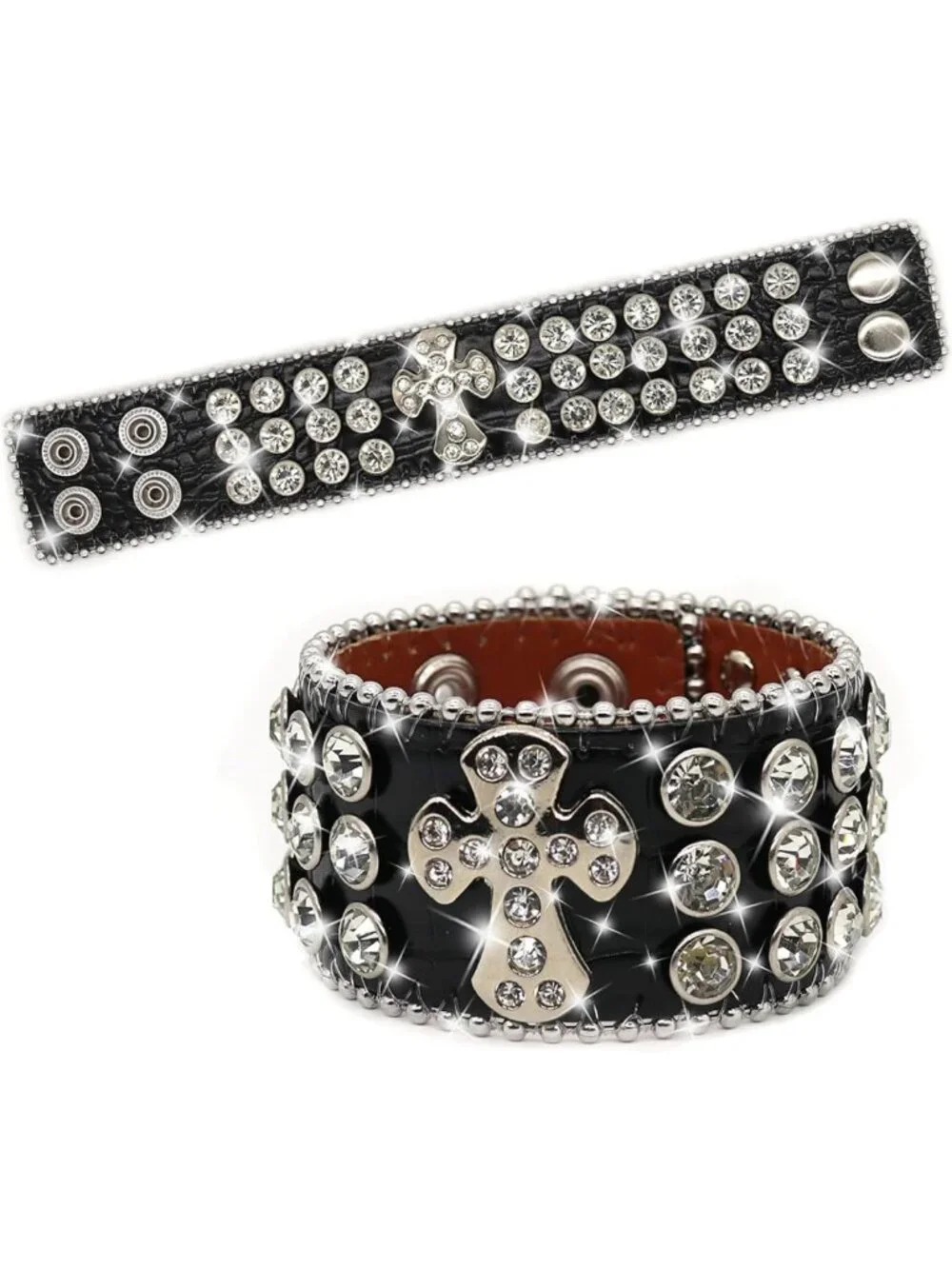 Rhinestone Studded Leather Bracelet for Men & Women | Adjustable Y2K Cross Skull
